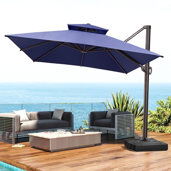 10 ft. x 13.5 ft. Aluminum Cantilever Offset Tilt 360° Rotation Patio Umbrella in Navy Blue and 350 lbs. Wheeled Base