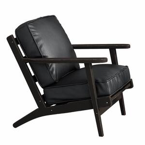 Black Mid-century PU Leather Solid Wood Accent Chair with Removable Cushion (Set of 1)