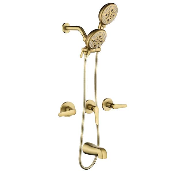FORCLOVER Triple-Handle Wall Mount 5-Spray Tub and Shower Faucet 1.8 GPM with Dual Shower Heads in. Brushed Gold Valve Included