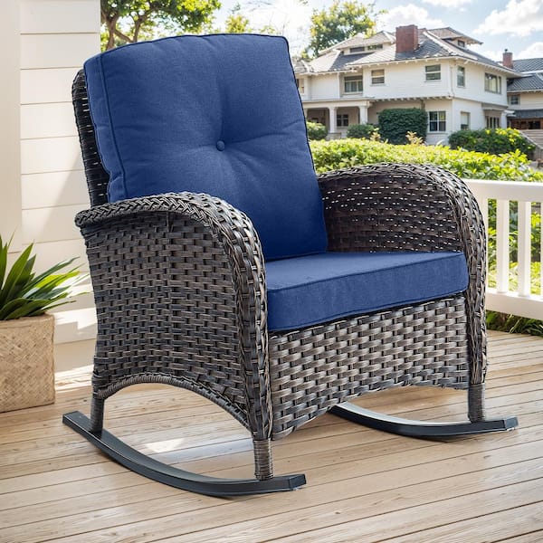 Opohoro PlainCurve Metal and Brown Wicker Outdoor Rocking Chair with Olefin Navy Blue Cushions