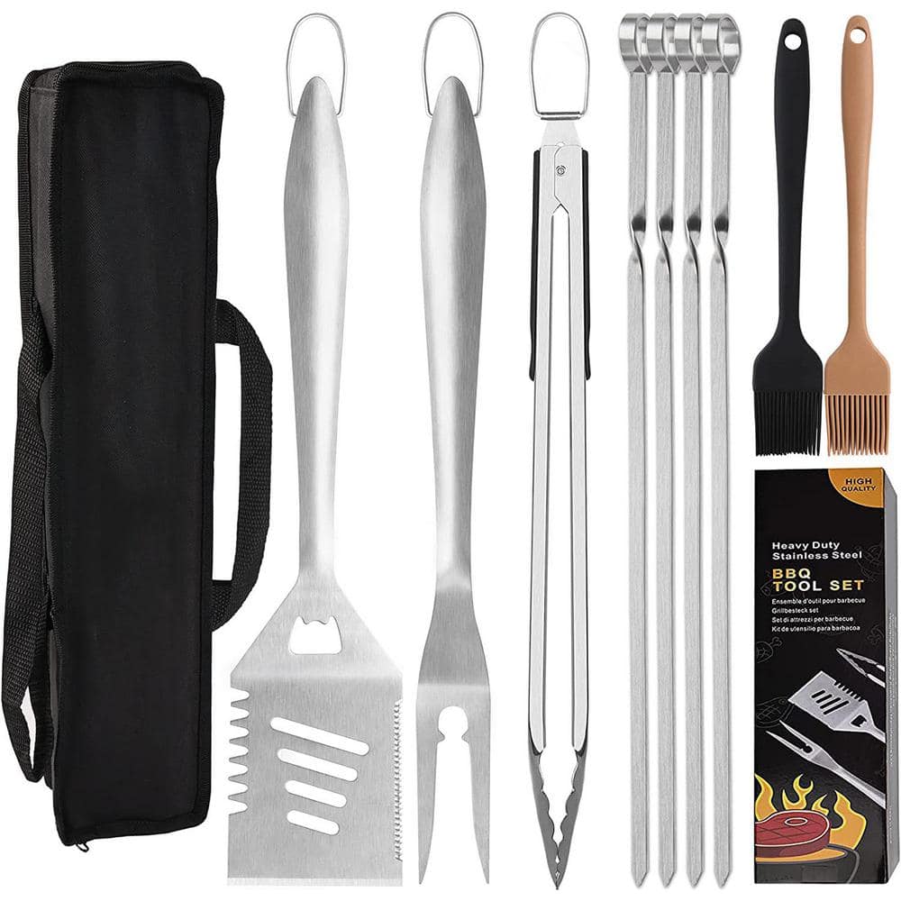 10-Pieces Extra Thick Stainless Steel Grill Tools Set Heavy-Duty Barbecue  Spatula Fork, Tongs, Skewers with Portable Bag B093G9BZKD - The Home Depot