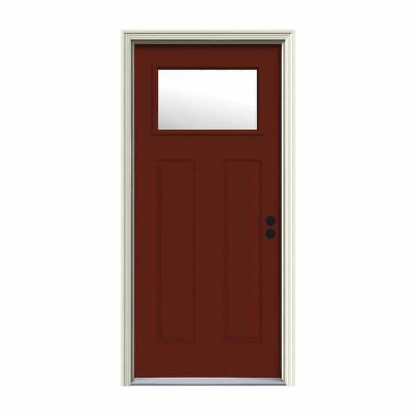 JELD-WEN 30 in. x 80 in. 1 Lite Craftsman Mesa Red w/White Interior Steel Prehung Left-Hand Inswing Front Door w/Brickmould