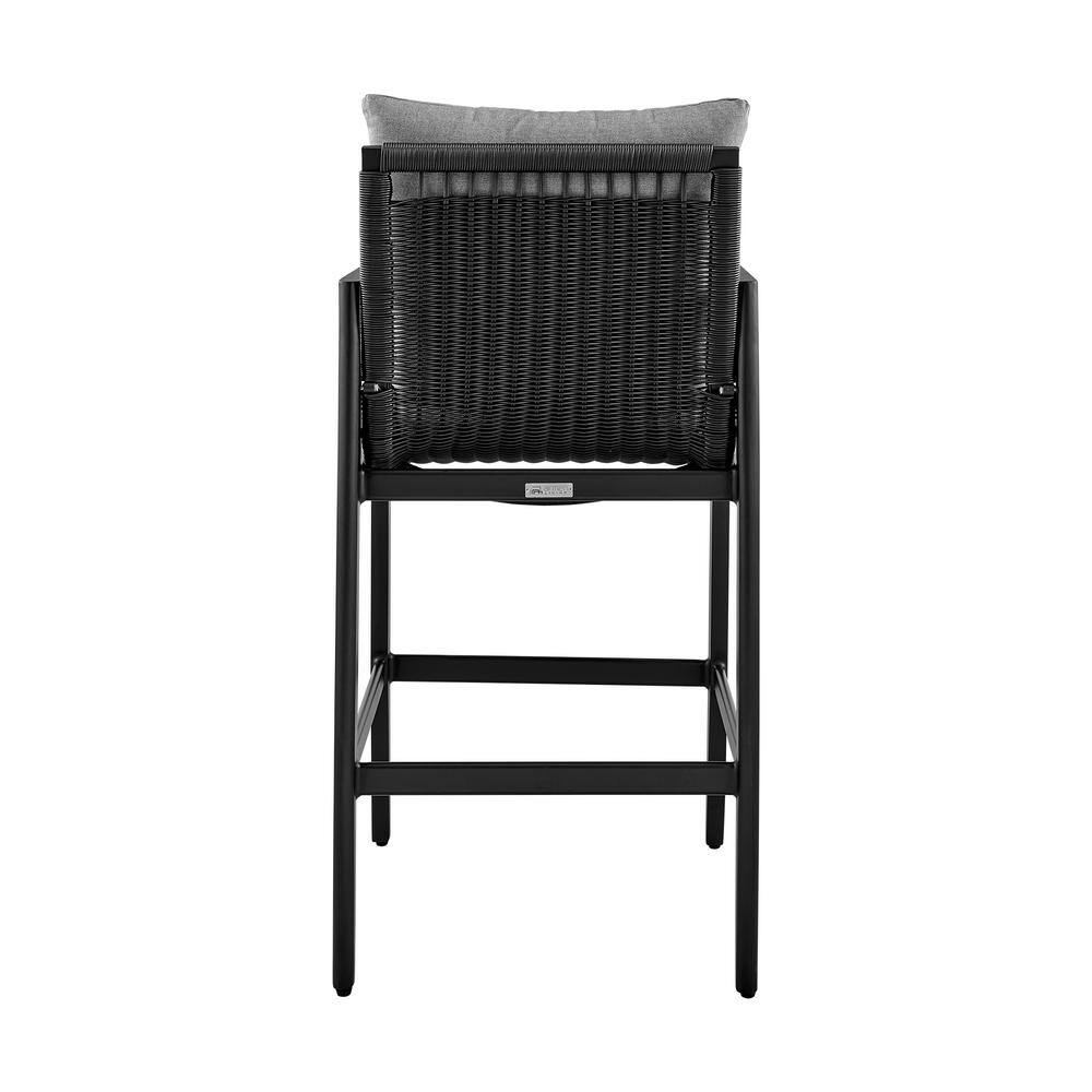 Sleek Aluminum and Rattan Outdoor Bar Stool with Dark Grey Cushions