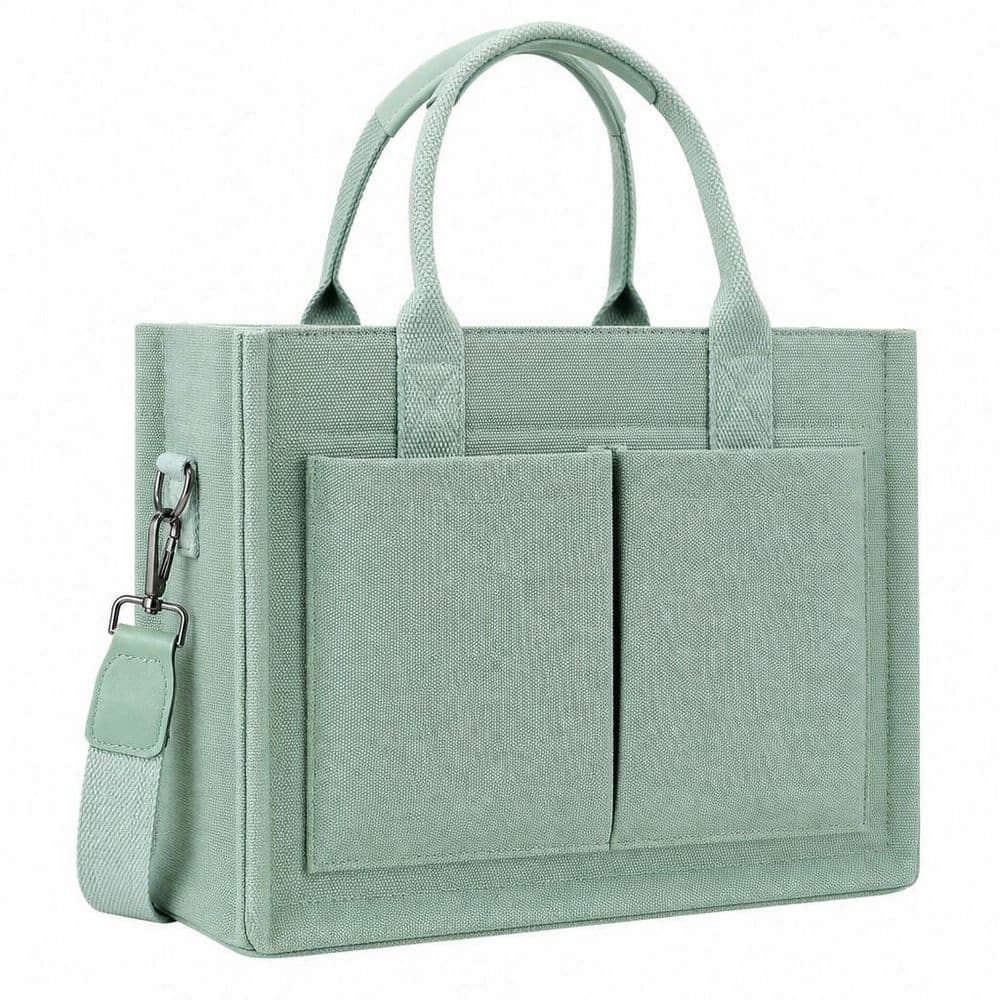 Green Structured Canvas Tote Bag, Neutral Tone, Zippered Multi-Compartment Purse with Detachable Strap, for Work, Travel