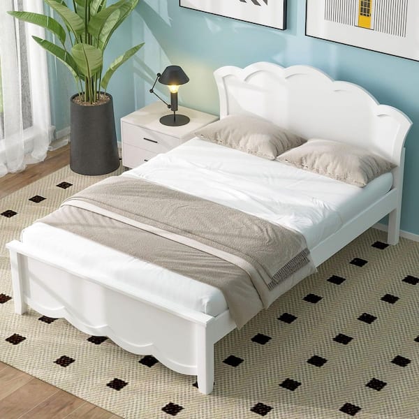 White Wood Frame Twin Size Platform Bed with Headboard