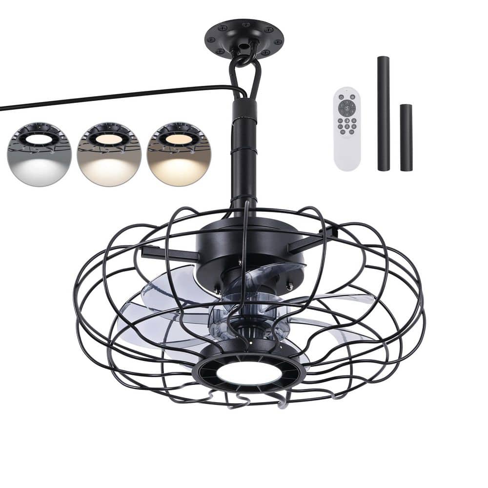Seasonize 15 in. Indoor/Outdoor Black Caged Dimmable LED Ceiling Fan ...