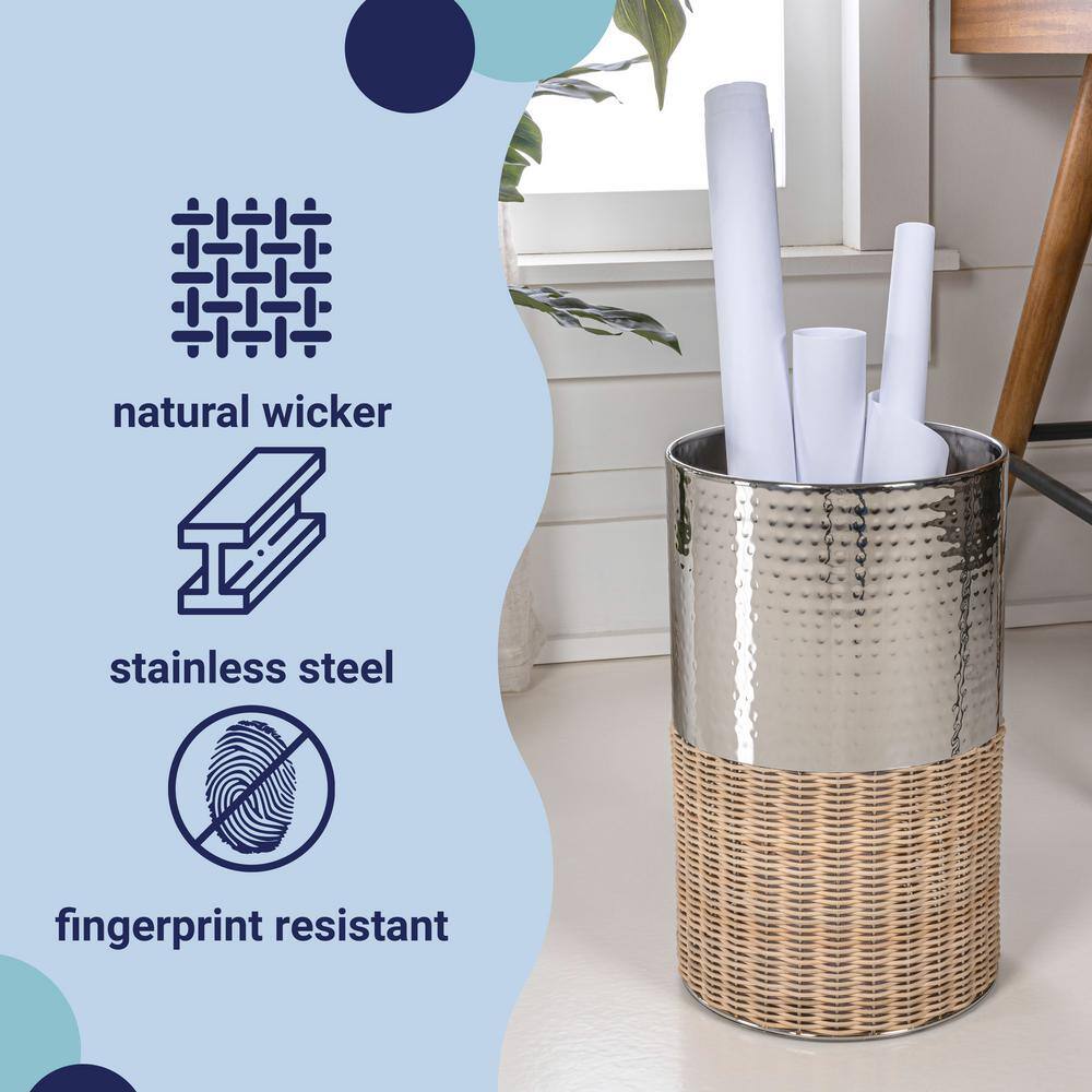 Asher Chrome and Natural Wicker Cylinder Waste Basket
