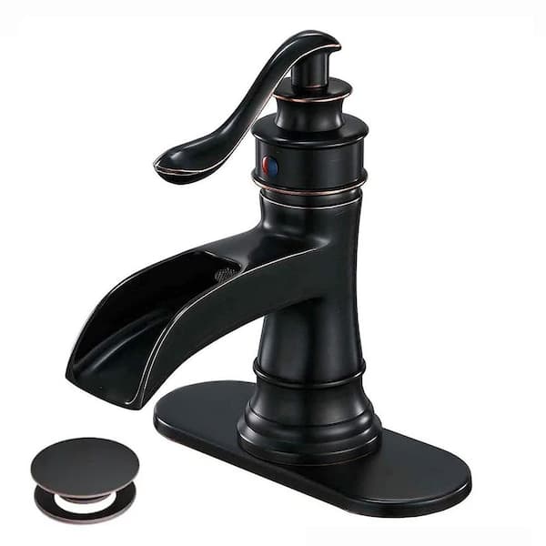 Waterfall Single Hole Single-Handle Low-Arc Bathroom Faucet with Pop-up Drain Assembly in Oil Rubbed Bronze