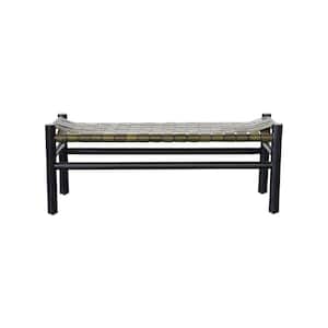 Black and Olive Green Dining Bench with Woven Mango Wood and Buffalo Leather 39.5 in .
