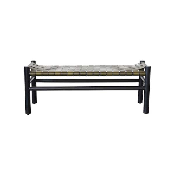 Storied Home Black and Olive Green Dining Bench with Woven Mango Wood and Buffalo Leather 39.5 in .