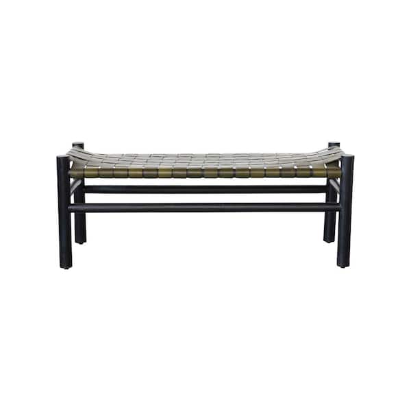 Black & Olive Green Dining Bench with Woven Mango Wood and Buffalo Leather 39.5 in .