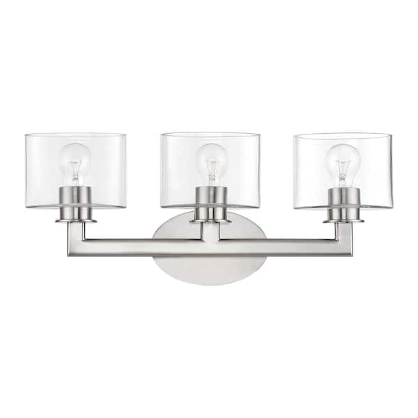 Bernardino 23.75 in. 3-Light Brushed Nickel Vanity Light with Mouth Blown Clear Glass