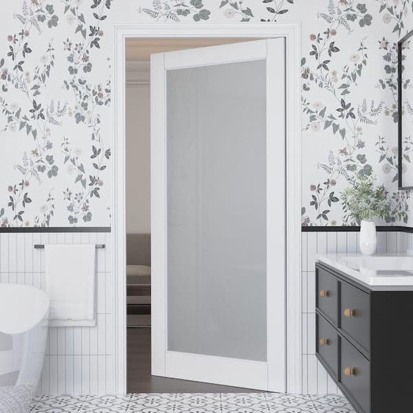 36 in. x 80 in. Solid Core MDF 1-Lite Tempered Frosted Glass and Manufacture Wood White Primed Interior Door Slab