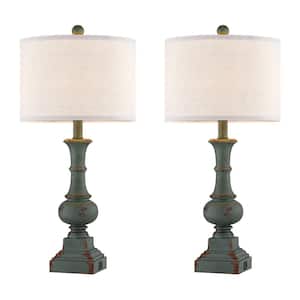 25 in. Distressed Green Resin Table Lamp Set and USB ports, bulbs (Set of 2)