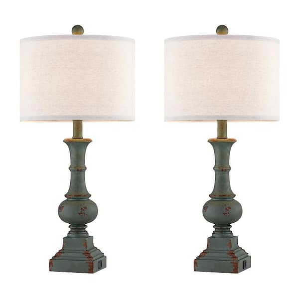 25 in. Distressed Green Resin Table Lamp Set and USB ports, bulbs (Set of 2)