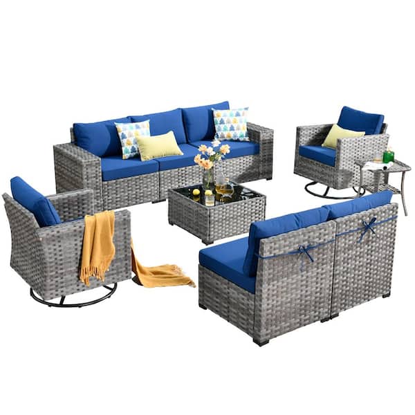 Tahoe Grey 9-Piece Wicker Outdoor Patio Conversation Sofa Set with Swivel Rocking Chairs and Navy Blue Cushions