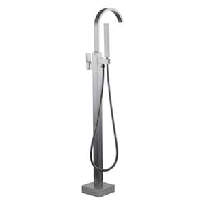 1-Handle Freestanding Floor Mount Tub Faucet Bathtub Filler with Diverter and Hand Shower in Brush Nickel