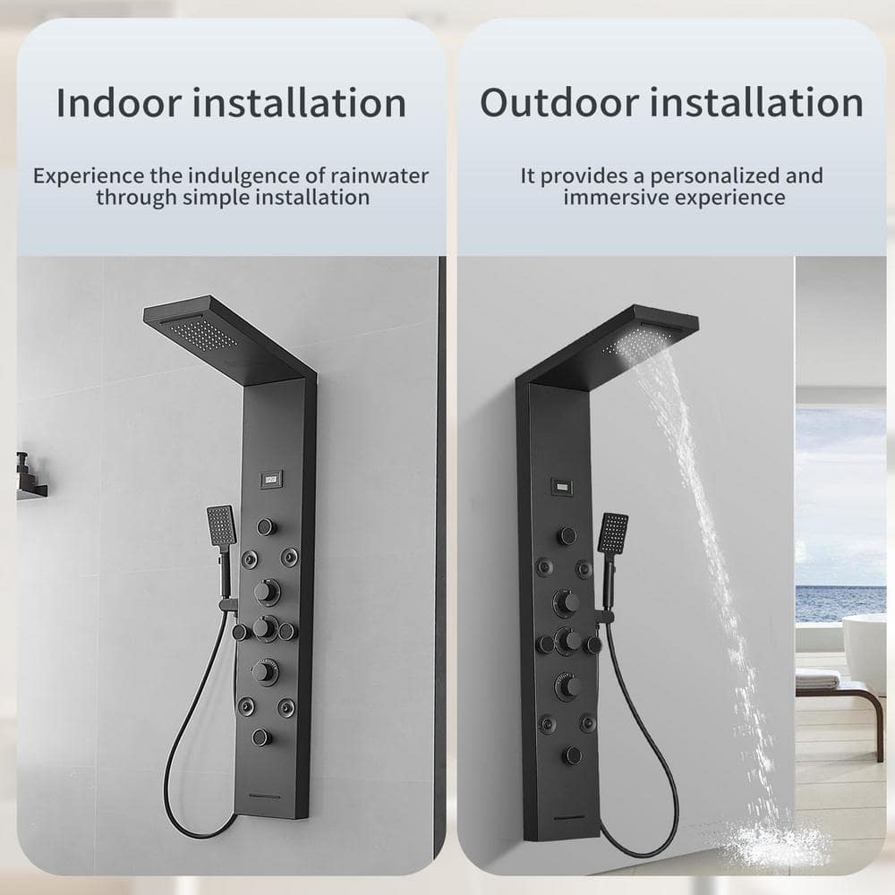 Black Stainless Steel 51.57'' Shower Panel with Rainfall and Waterfall Shower Heads