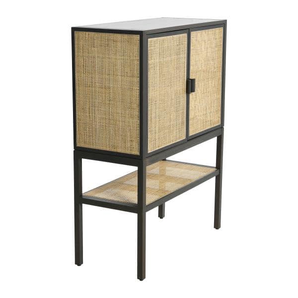 Gray Pine Wood Cabinet with Natural Rattan Details