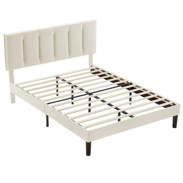 VECELO Upholstered Bedframe, Beige Metal Frame Full Platform Bed with ...