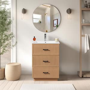 18.25 in. W x 24 in. D x 34.13 in. H 1 Sink Freestanding Bath Vanity in Light Brown with White Ceramic Top and 3 Drawers