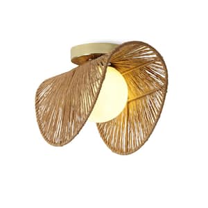 Sovev 5.6 in. Polished Brass Bohemian 1-Light Ceiling Flush Mount or Wall Sconce with Frosted Glass Rattan Shade
