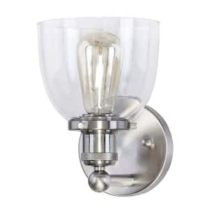 Evelyn 6 in. 1-Light Brushed Nickel Industrial Wall Sconce with Clear Glass Shade