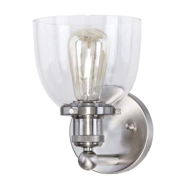 Evelyn 6 in. 1-Light Brushed Nickel Industrial Wall Sconce with Clear Glass Shade