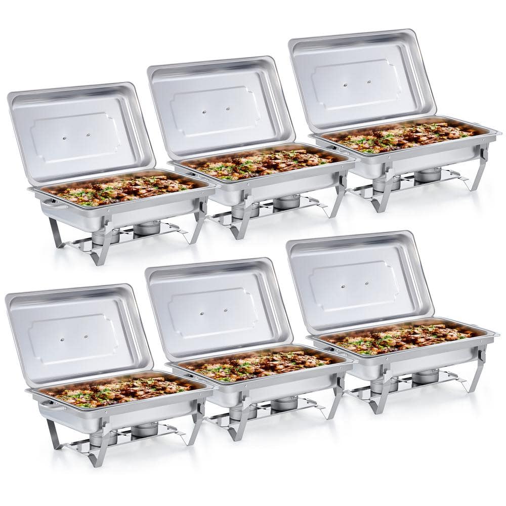 Merra 9.5 qt. Silver Stainless Steel Chafing Dish Buffet Set with Warmers Trays for Parties 6-Packs