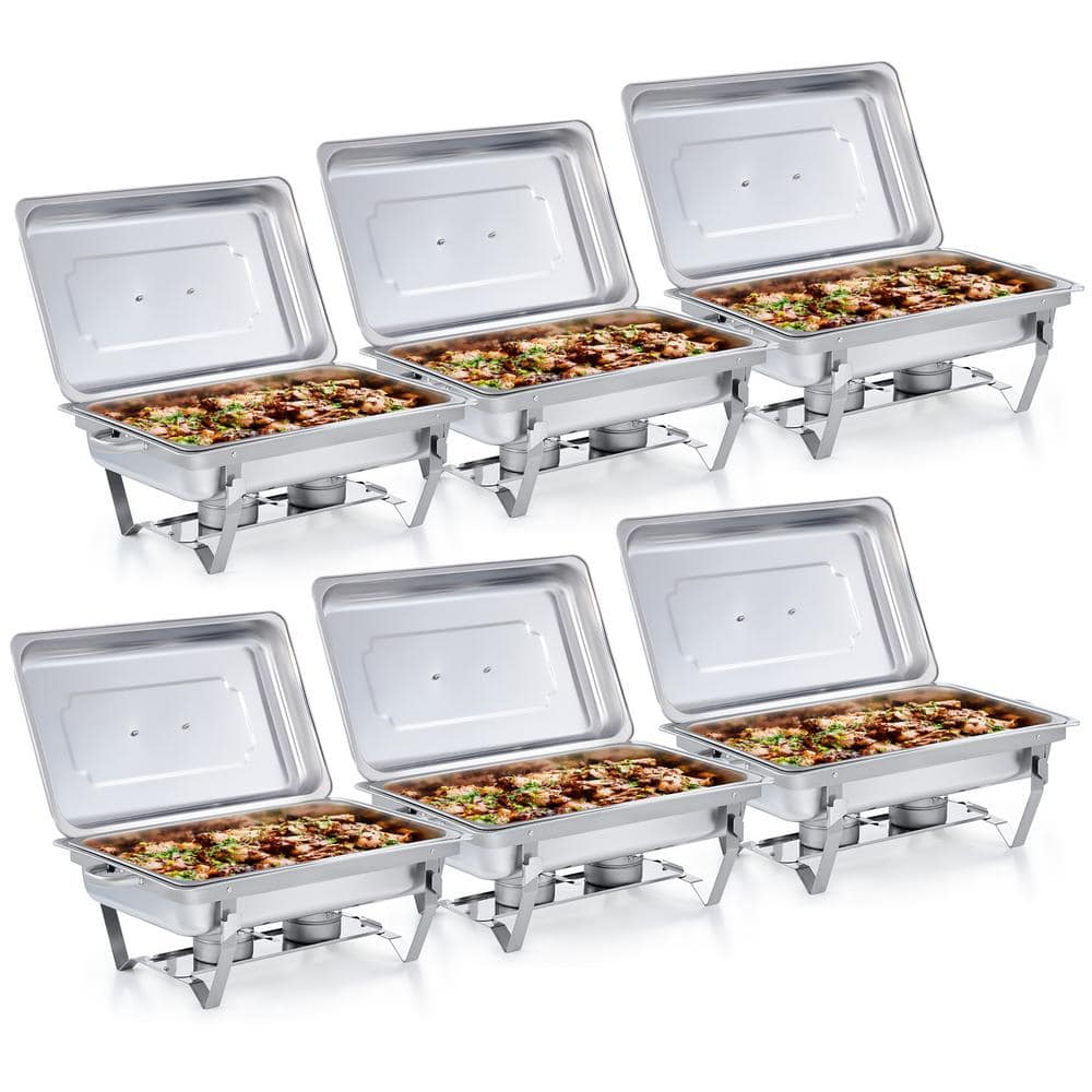9.5 qt. Silver Stainless Steel Chafing Dish Buffet Set with Warmers Trays for Parties 6-Packs