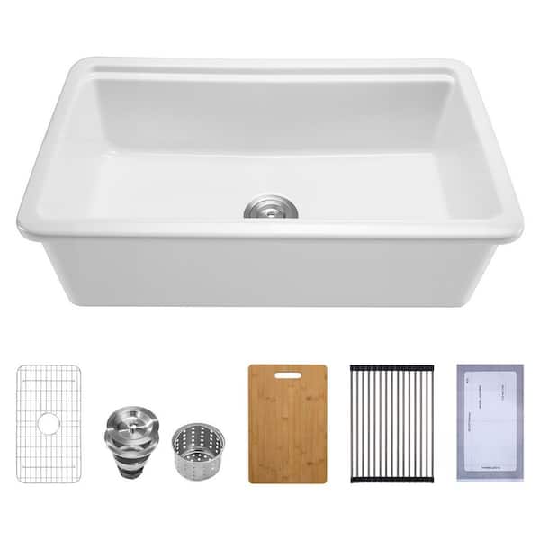 White 33 x 19 in. Farmhouse Sink, Fireclay Topmount, Drop-In Single Bowl with Multiple Accessories for Kitchen