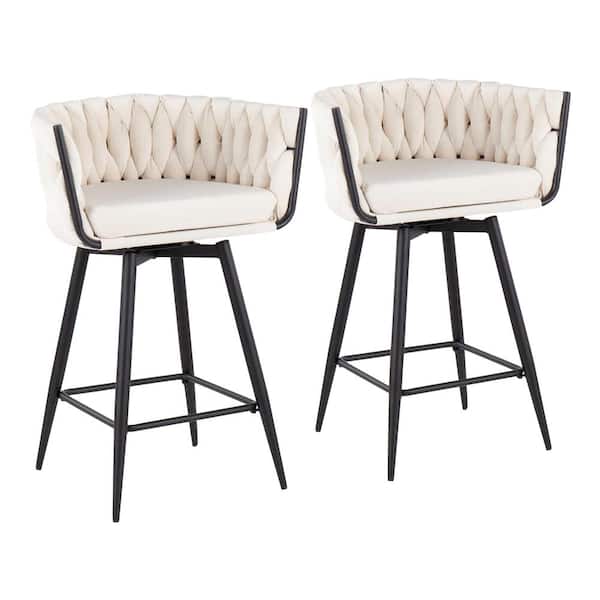 Lumisource Braided Renee 36.5 in. White Velvet and Black High Back Metal Counter Height Bar Stool (Set of 2)