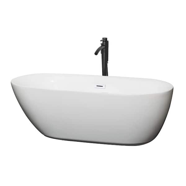 Wyndham Collection Melissa 65 in. Acrylic Flatbottom Bathtub in White with Shiny White Trim and Matte Black Faucet