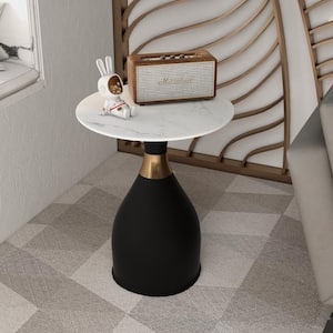 Sintered Stone Top Side Table Modern 17.7 in. Round End Table with Stainless Steel Pedestal Base Bento Series in Black