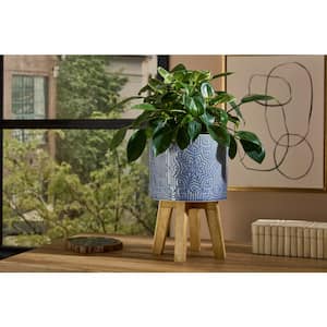 6.6 in. Constance Small Star Textured Blue Ceramic Planter (6.6 in. D x 9 in. H) with Wood Stand