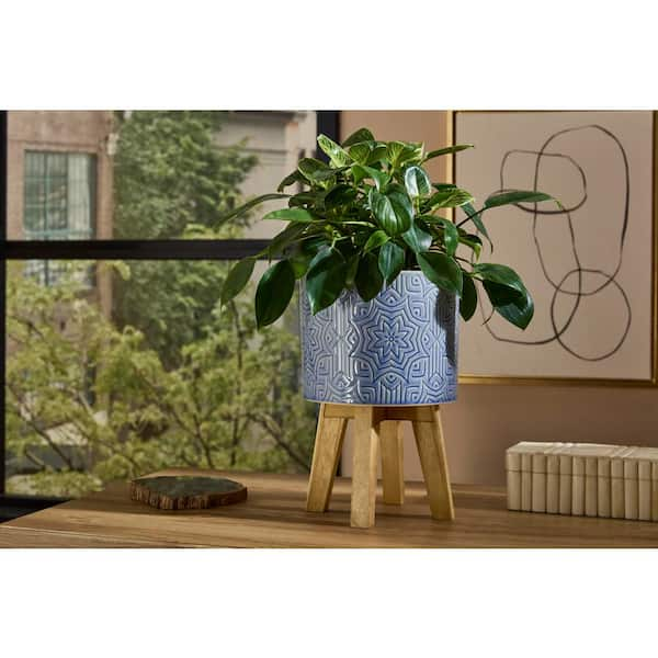 6.6 in. Constance Small Star Textured Blue Ceramic Planter (6.6 in. D x 9 in. H) with Wood Stand