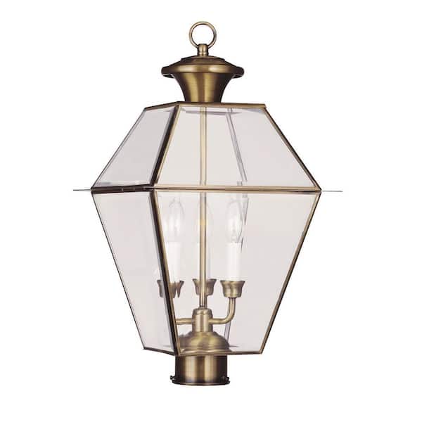 Livex Lighting Westover 3 Light Antique, Brass Lamp Post Light