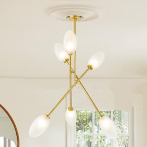 Karsyn 6-Light Aged Brass Modern Industrial Linear Sputnik Chandelier for Kitchen Island with Etched Globe Glass Shade