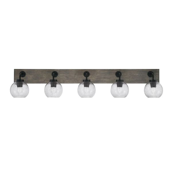 Unbranded Kirby 46.5 in. 5 Light Black & Painted Wood-look Vanity Light with 5.75 in. Smoke Bubble Glass Shades No Bulbs Included