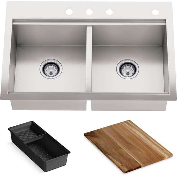 KOHLER Lyric Dual Mount Workstation Stainless Steel 33 in 4-Hole Double Bowl Kitchen Sink with Integrated Ledge and Accessories