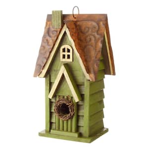 12 in. H Hanging Distressed Solid Wood Bird House for Patio Garden, Green