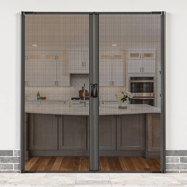 72 in. x 80 in. Universal Handed Black Aluminum Retractable Screen Door for Double Entry Door