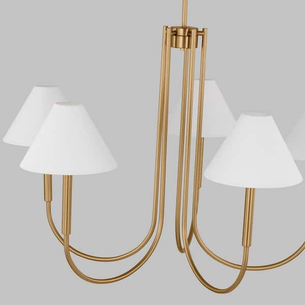 SCOTT LIVING - Porteau 6-Light Satin Brass Large Chandelier with White Linen Fabric Shades