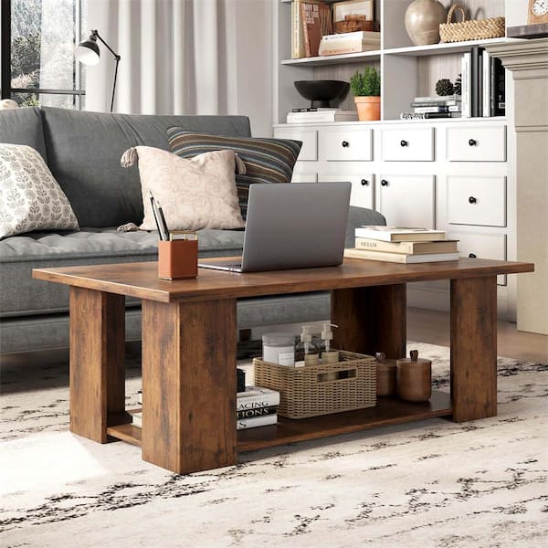 41 in. Brown Rectangle Wood Top Coffee Table 2-Tier Modern Center Cocktail Table with Storage Shelf for Living Room