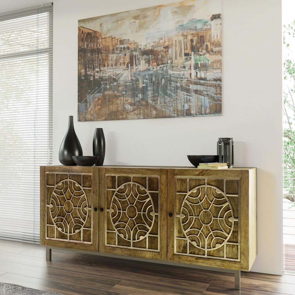 Brown and Gold Mango Wood Console Table with Storage