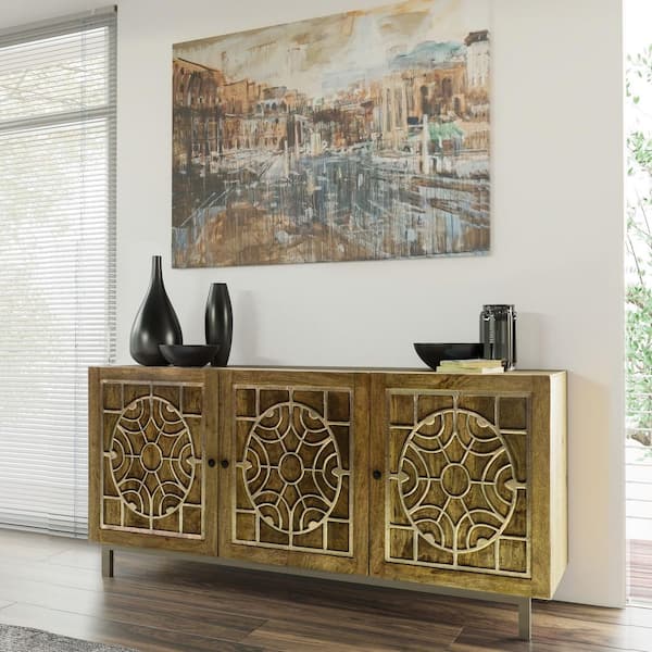 Yosemite Home Decor Dream Weaver 69 in. Brown/Gold/Gray Standard Rectangle Wood Console Table