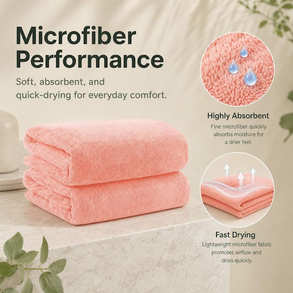 Numhew 2-Piece Pink Microfiber Bath Towels 27 x 54 in. Soft