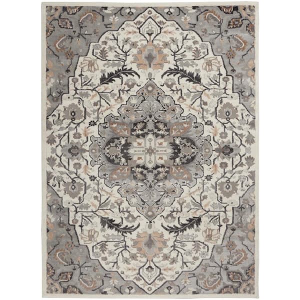 Nourison Elation Ivory Grey 5 ft. x 7 ft. Center Medallion Traditional Area Rug