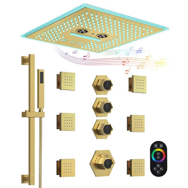 Thermostatic 17-Spray 16 in. Square LED Mood Lighting Bluetooth Music Shower System with Valve in Brushed Gold