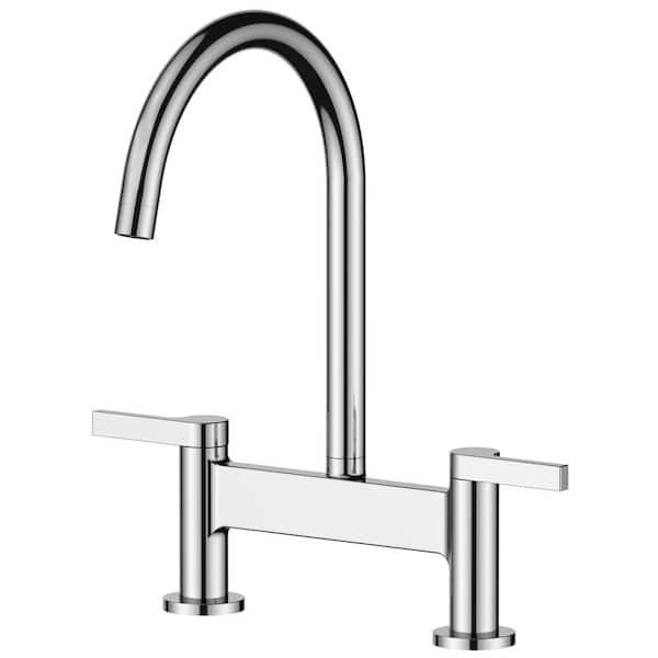 Modern Double-Handle 2-Hole Bridge Kitchen Faucet with 360° Swivel High-Arc Spout in Polished Chrome